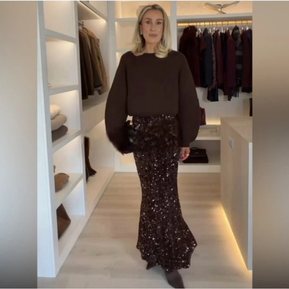 ZARA LONG SEQUIN SKIRT BROWN LARGE
